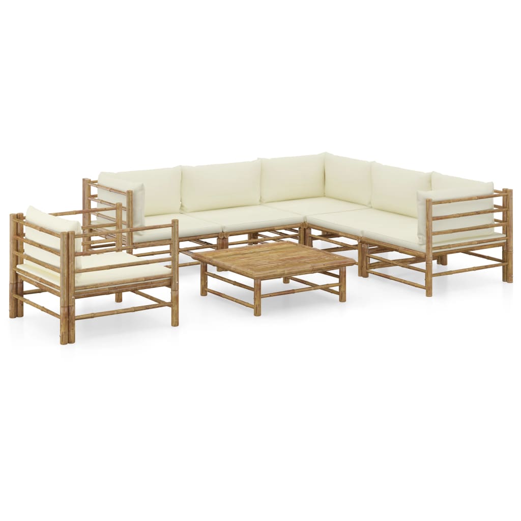 7 Pcs conj. lounge p/ jardim em bambu c/ almofadões branco nata