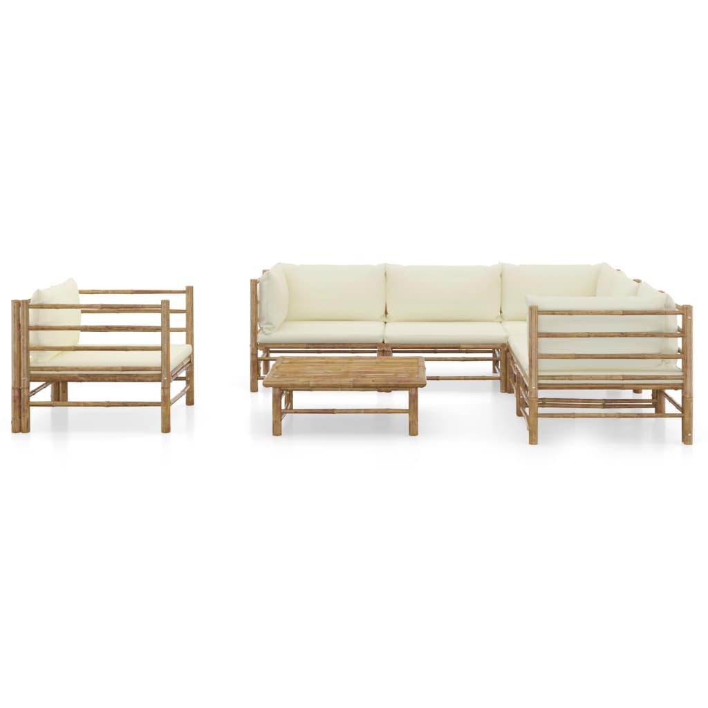 7 Pcs conj. lounge p/ jardim em bambu c/ almofadões branco nata