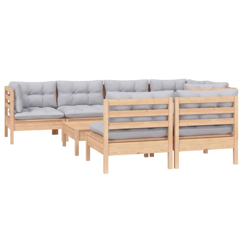8 Pcs conjunto lounge de jardim + almofadões cinza pinho maciço