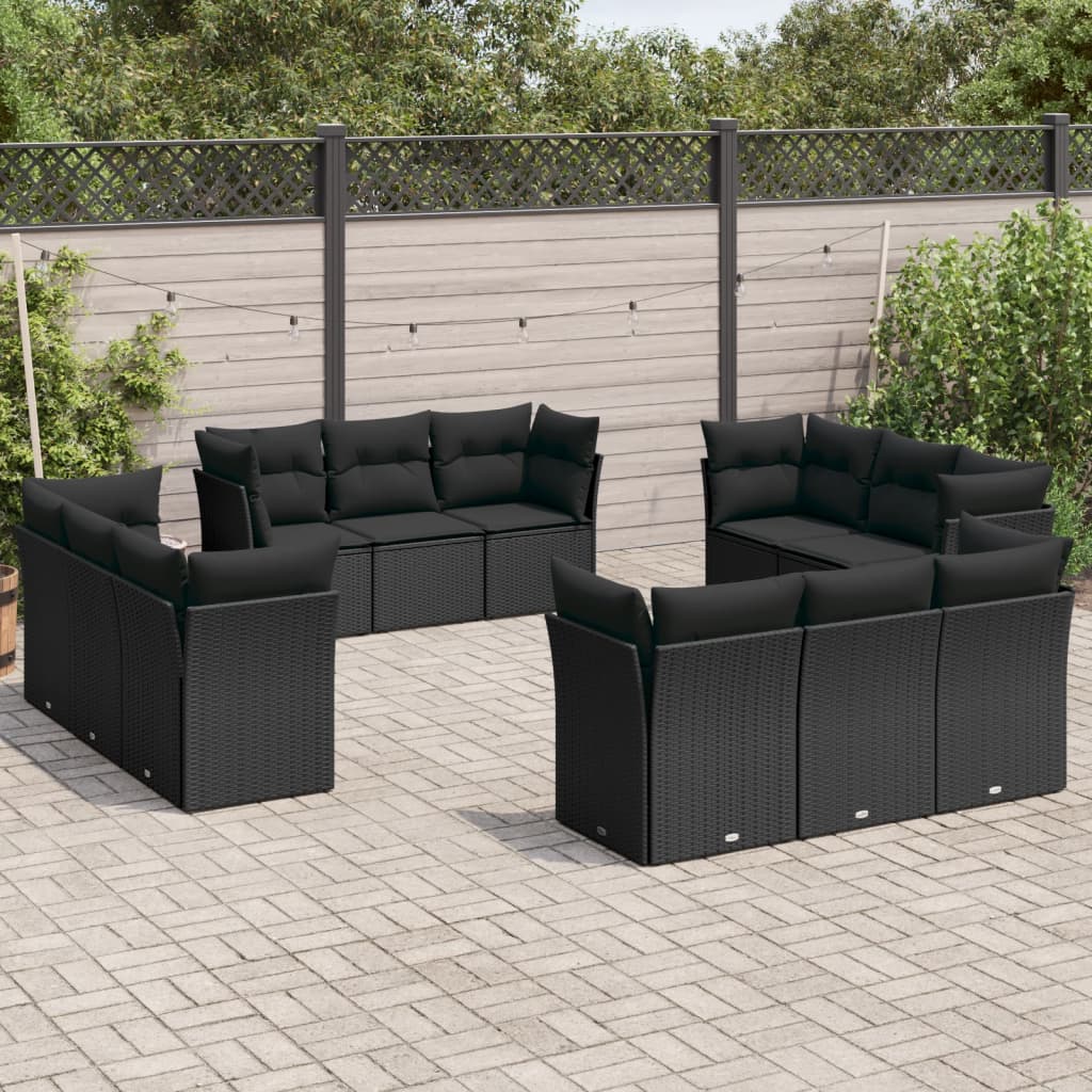 12 Pcs conjunto de sofás de jardim c/ almofadões vime PE preto