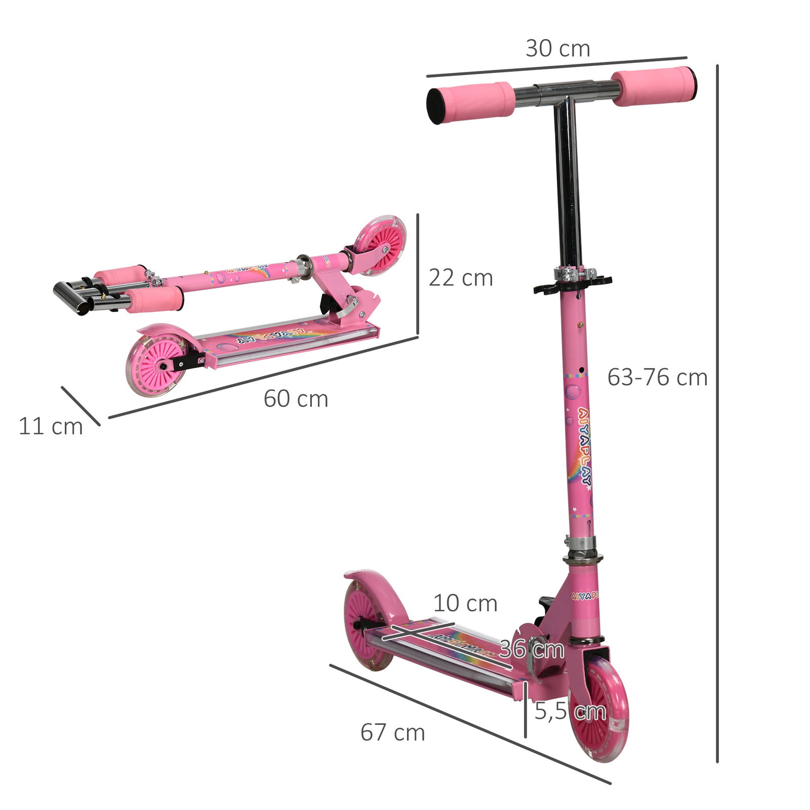 Trotinete para crianças dobrável com luzes e música 4 alturas ajustável rodas brilhantes e pedal LED 67x32x65-78 cm rosa