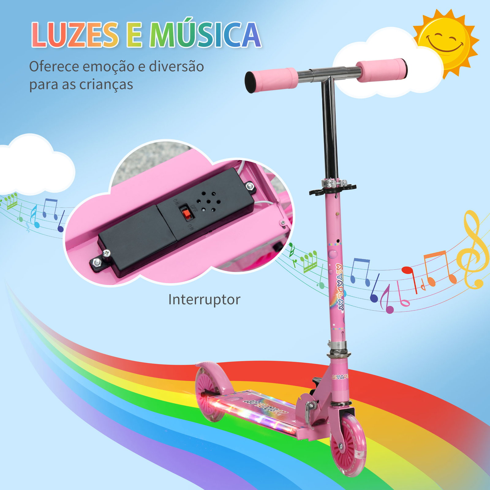 Trotinete para crianças dobrável com luzes e música 4 alturas ajustável rodas brilhantes e pedal LED 67x32x65-78 cm rosa