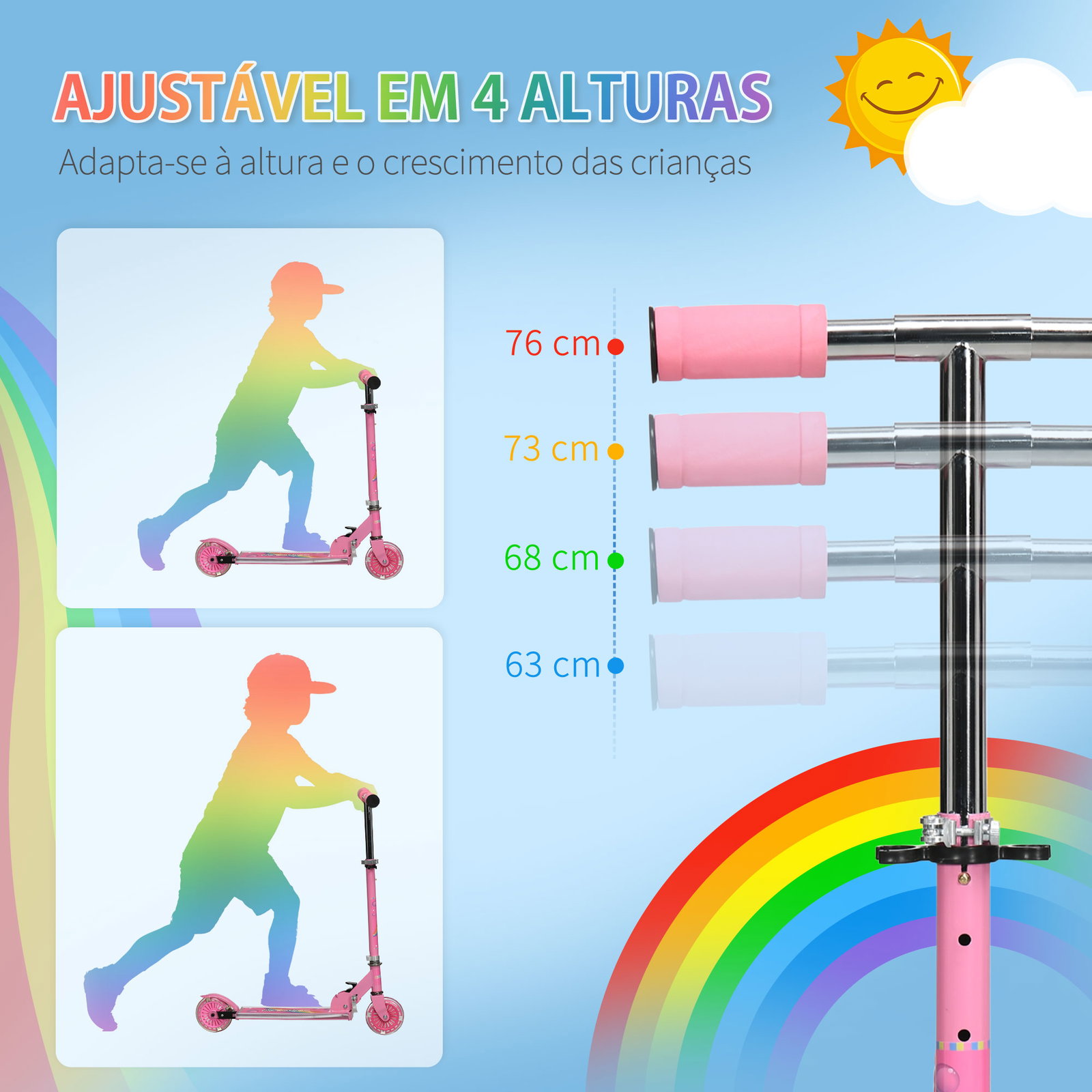 Trotinete para crianças dobrável com luzes e música 4 alturas ajustável rodas brilhantes e pedal LED 67x32x65-78 cm rosa