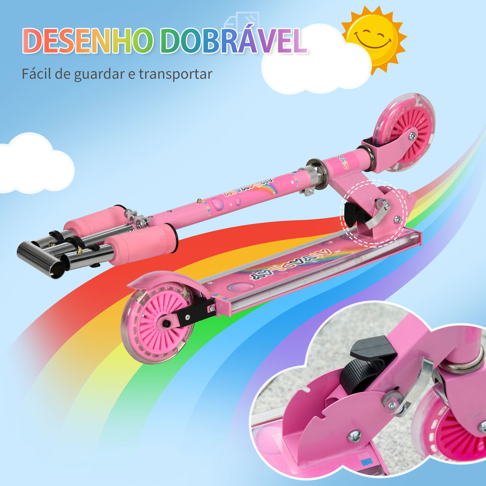 Trotinete para crianças dobrável com luzes e música 4 alturas ajustável rodas brilhantes e pedal LED 67x32x65-78 cm rosa