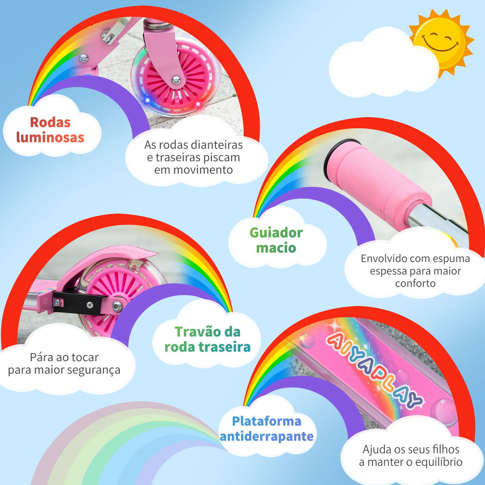 Trotinete para crianças dobrável com luzes e música 4 alturas ajustável rodas brilhantes e pedal LED 67x32x65-78 cm rosa