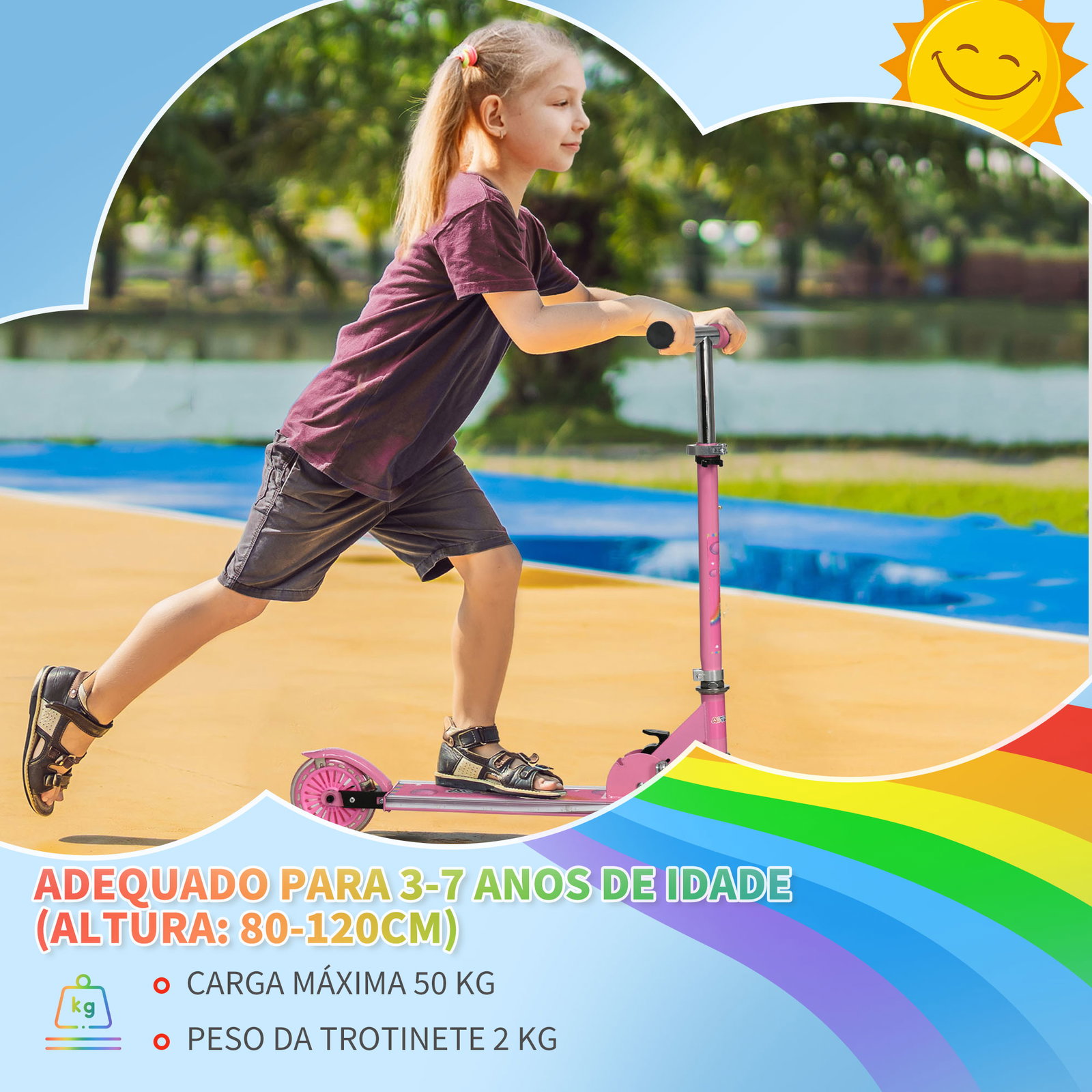 Trotinete para crianças dobrável com luzes e música 4 alturas ajustável rodas brilhantes e pedal LED 67x32x65-78 cm rosa