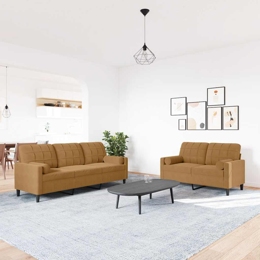 2 Pcs conjunto de sofás com almofadões e rolos veludo castanho