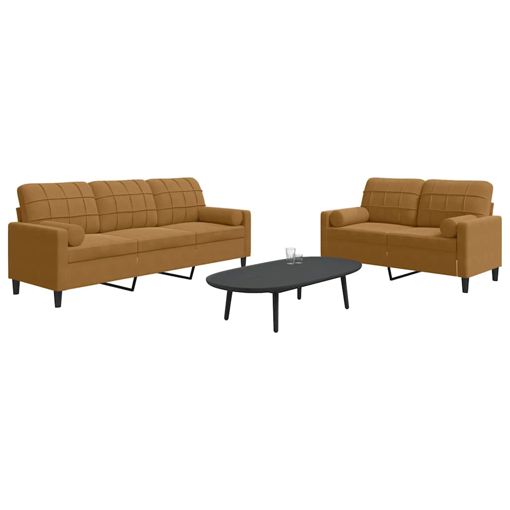 2 Pcs conjunto de sofás com almofadões e rolos veludo castanho