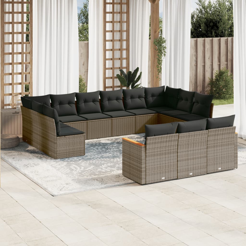 13 Pcs conjunto sofás p/ jardim c/ almofadões vime PE cinzento