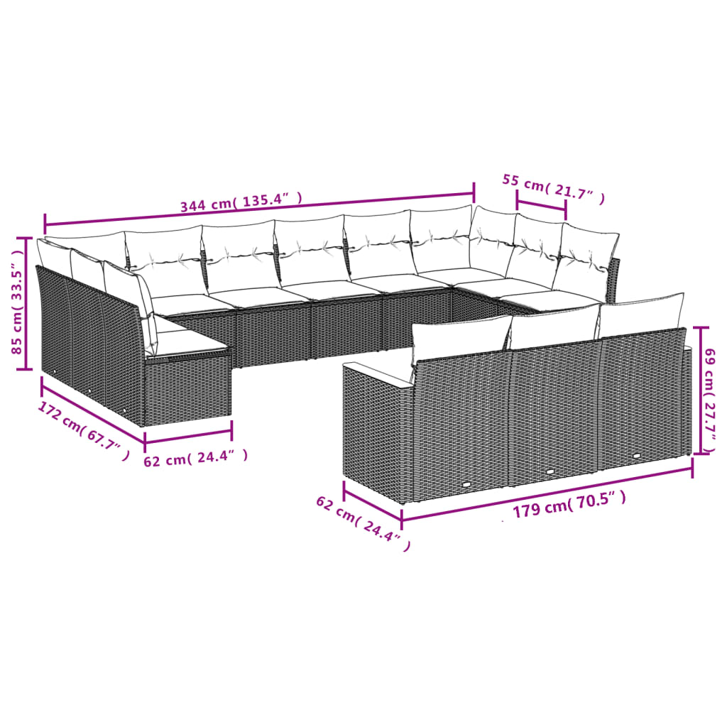 13 Pcs conjunto sofás p/ jardim c/ almofadões vime PE cinzento