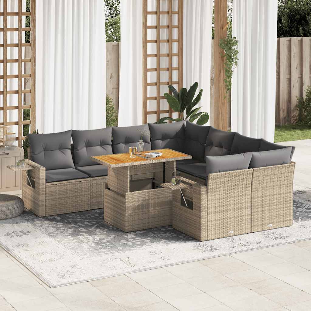 9 Pcs conjunto de sofás p/ jardim com almofadões vime PE bege
