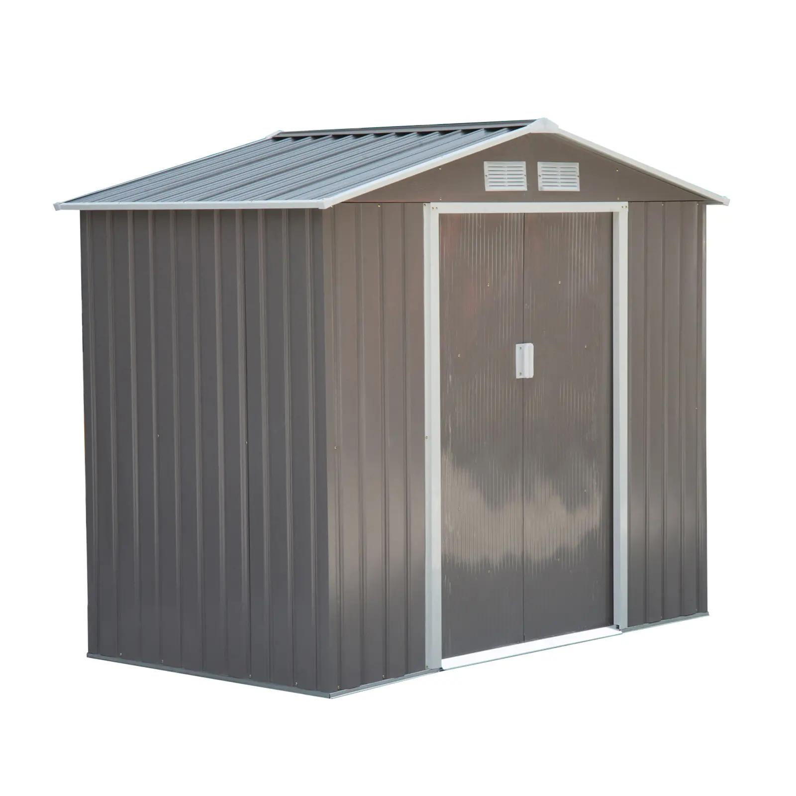 Abrigo de jardim 213x130x185cm abrigo de jardim metálico de exterior com 2 portas deslizantes e 4 janelas cinza claro