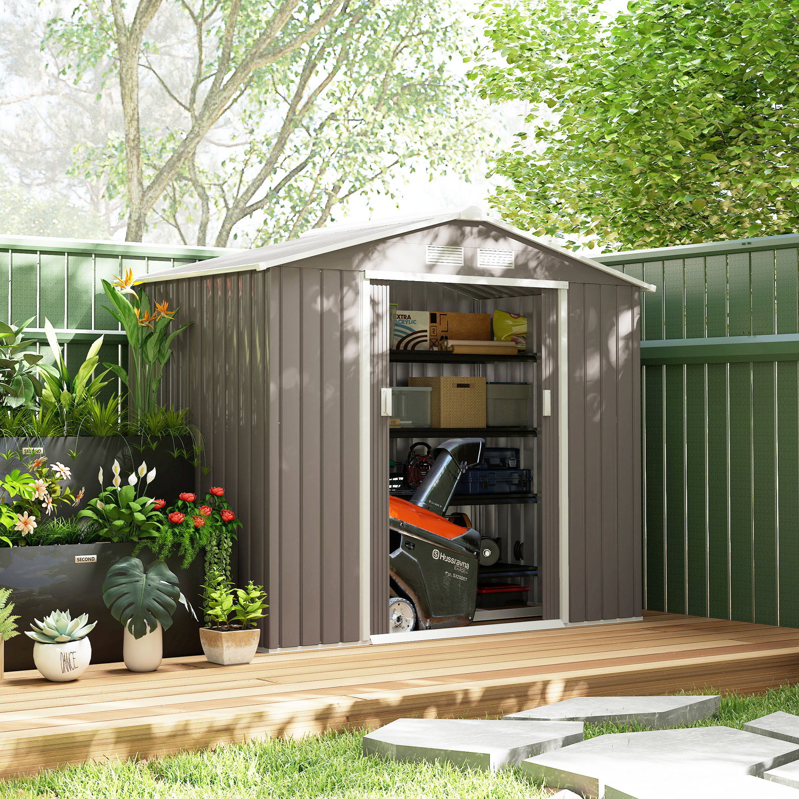 Abrigo de jardim 213x130x185cm abrigo de jardim metálico de exterior com 2 portas deslizantes e 4 janelas cinza claro