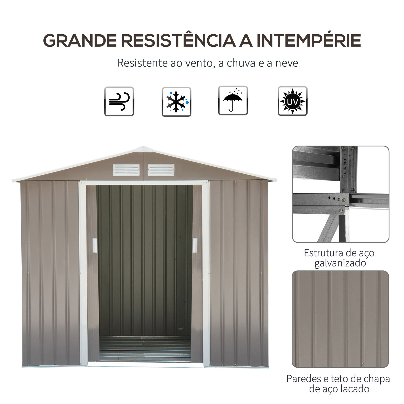 Abrigo de jardim 213x130x185cm abrigo de jardim metálico de exterior com 2 portas deslizantes e 4 janelas cinza claro