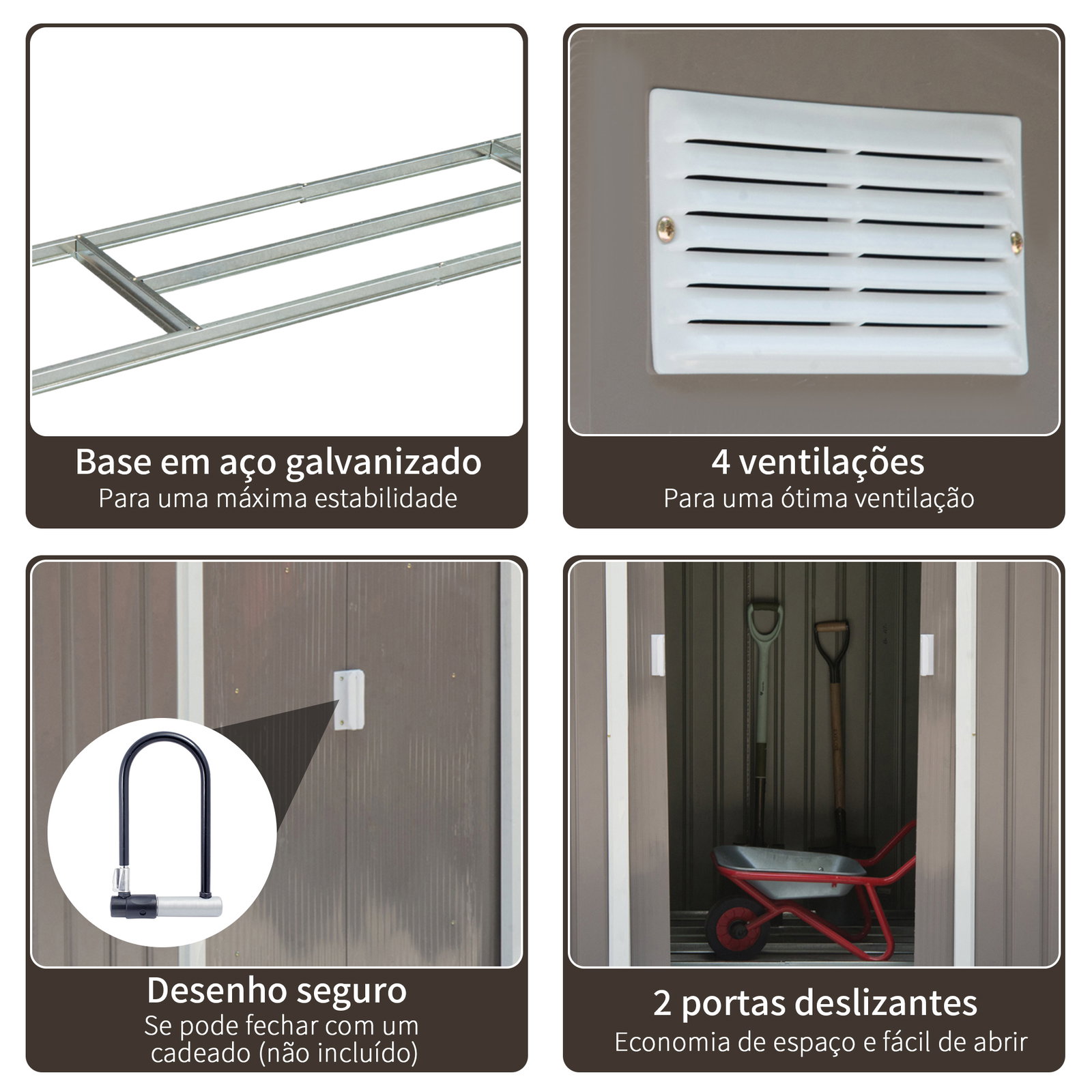 Abrigo de jardim 213x130x185cm abrigo de jardim metálico de exterior com 2 portas deslizantes e 4 janelas cinza claro