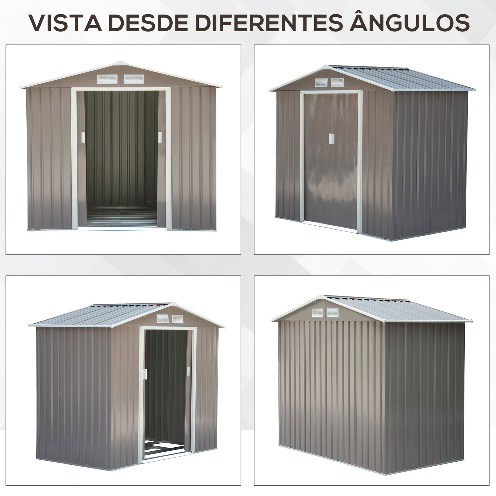 Abrigo de jardim 213x130x185cm abrigo de jardim metálico de exterior com 2 portas deslizantes e 4 janelas cinza claro