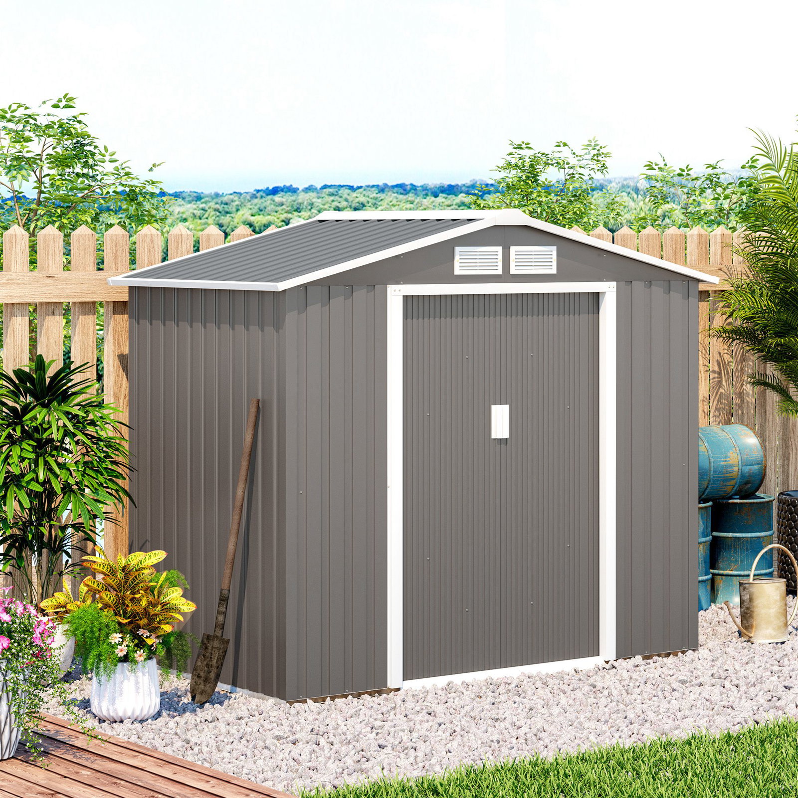 Abrigo de jardim 213x130x185cm abrigo de jardim metálico de exterior com 2 portas deslizantes e 4 janelas cinza claro