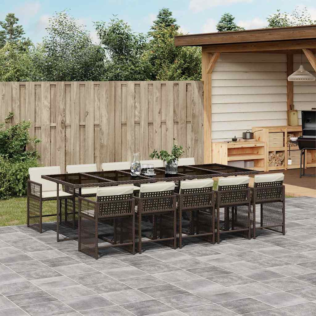 11 Pcs conjunto jantar p/ jardim c/ almofadões vime PE castanho