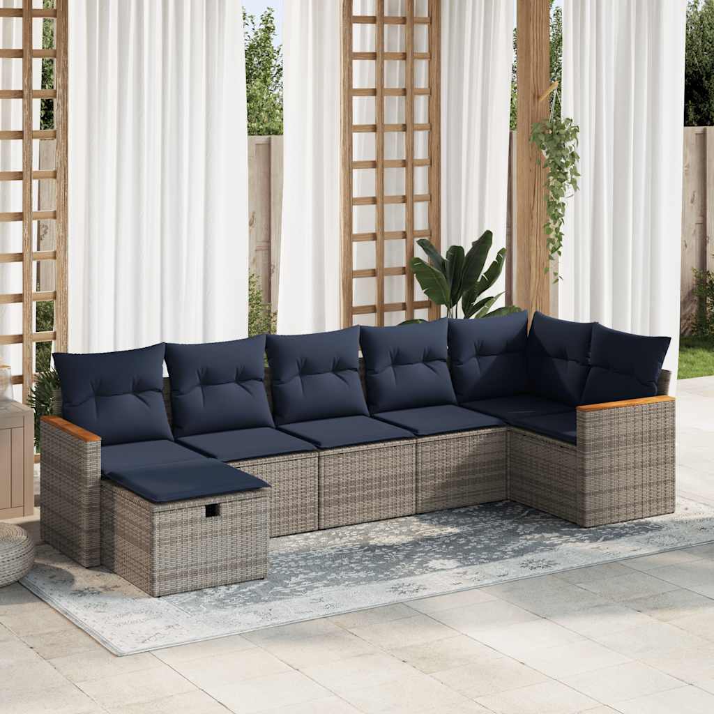 7 Pcs conjunto sofás p/ jardim c/ almofadões vime PE cinzento