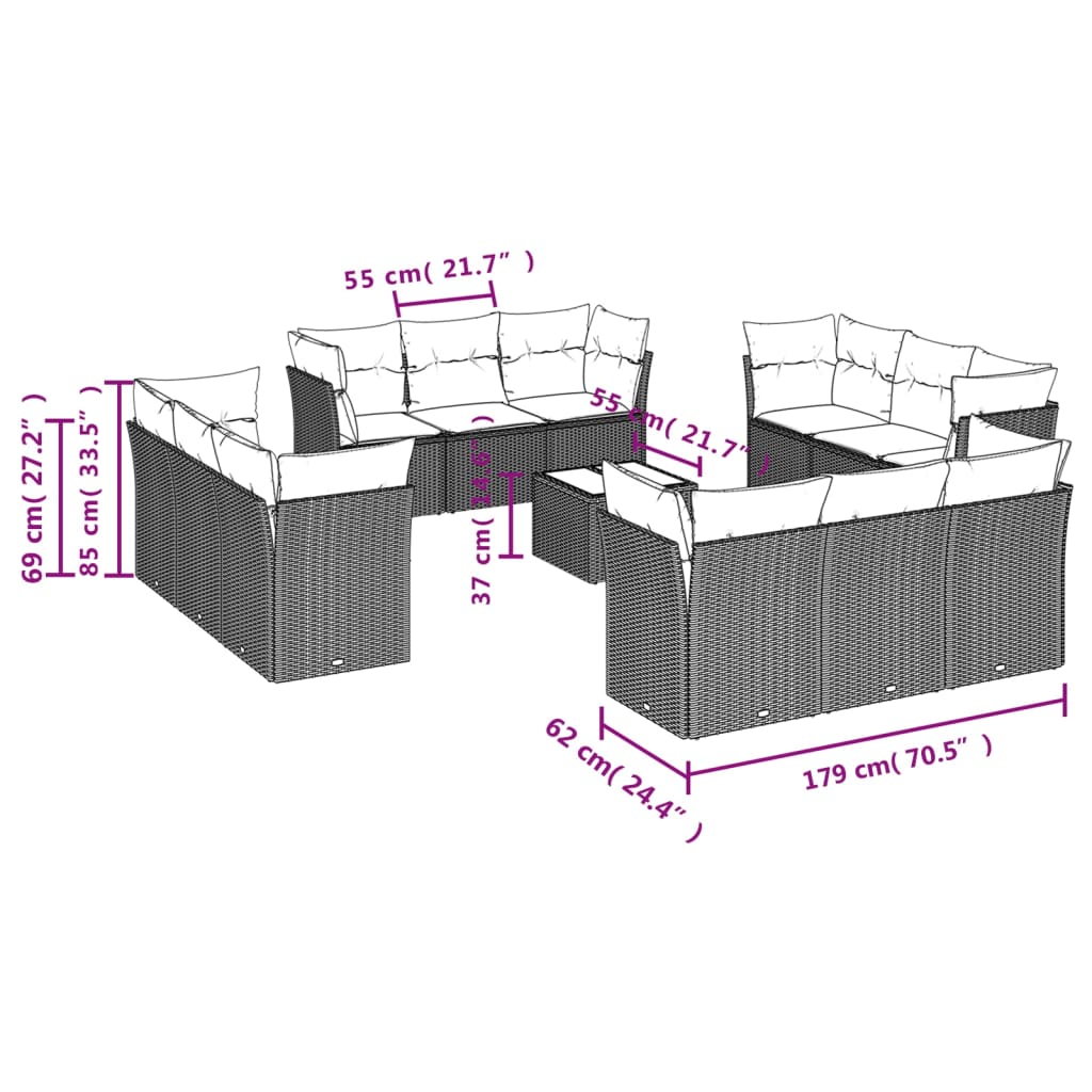 13 Pcs conjunto de sofás p/ jardim com almofadões vime PE bege