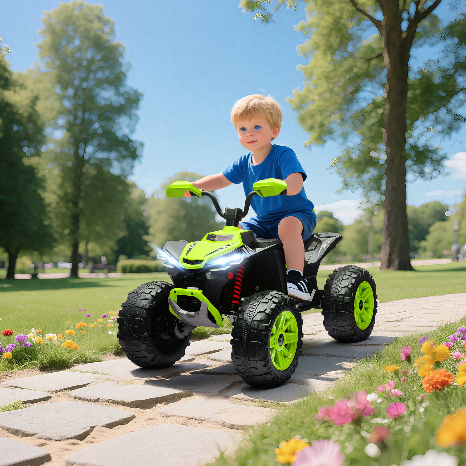 Quadricilo elétrico para crianças 24v com 2 lugares 2 motores velocidade até 6,5 km/h faróis buzina música e USB 109x68,5x76 cm verde