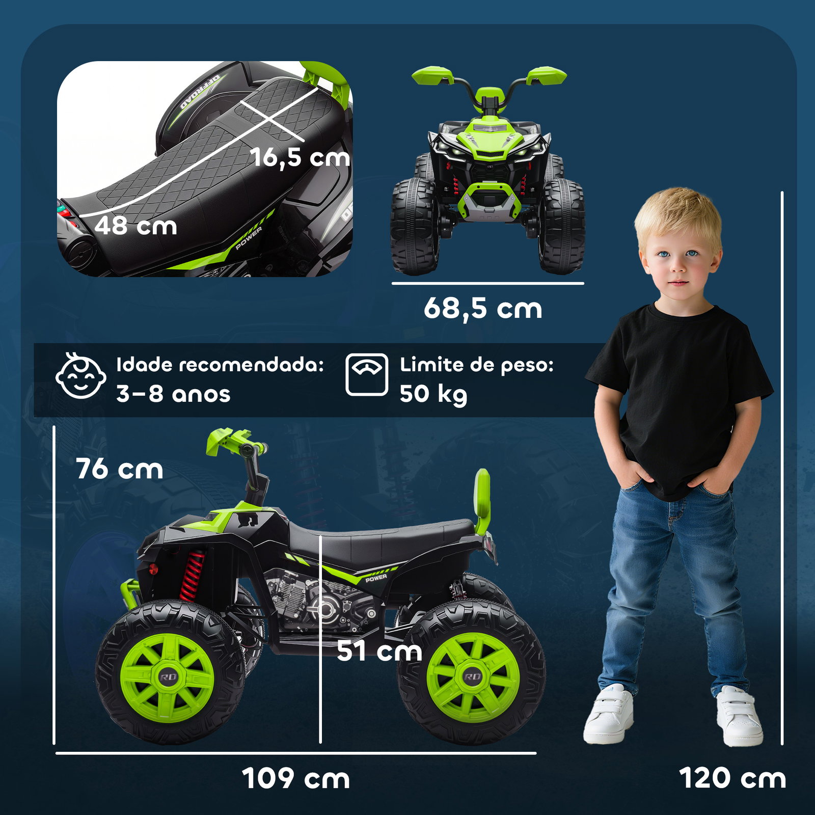 Quadricilo elétrico para crianças 24v com 2 lugares 2 motores velocidade até 6,5 km/h faróis buzina música e USB 109x68,5x76 cm verde