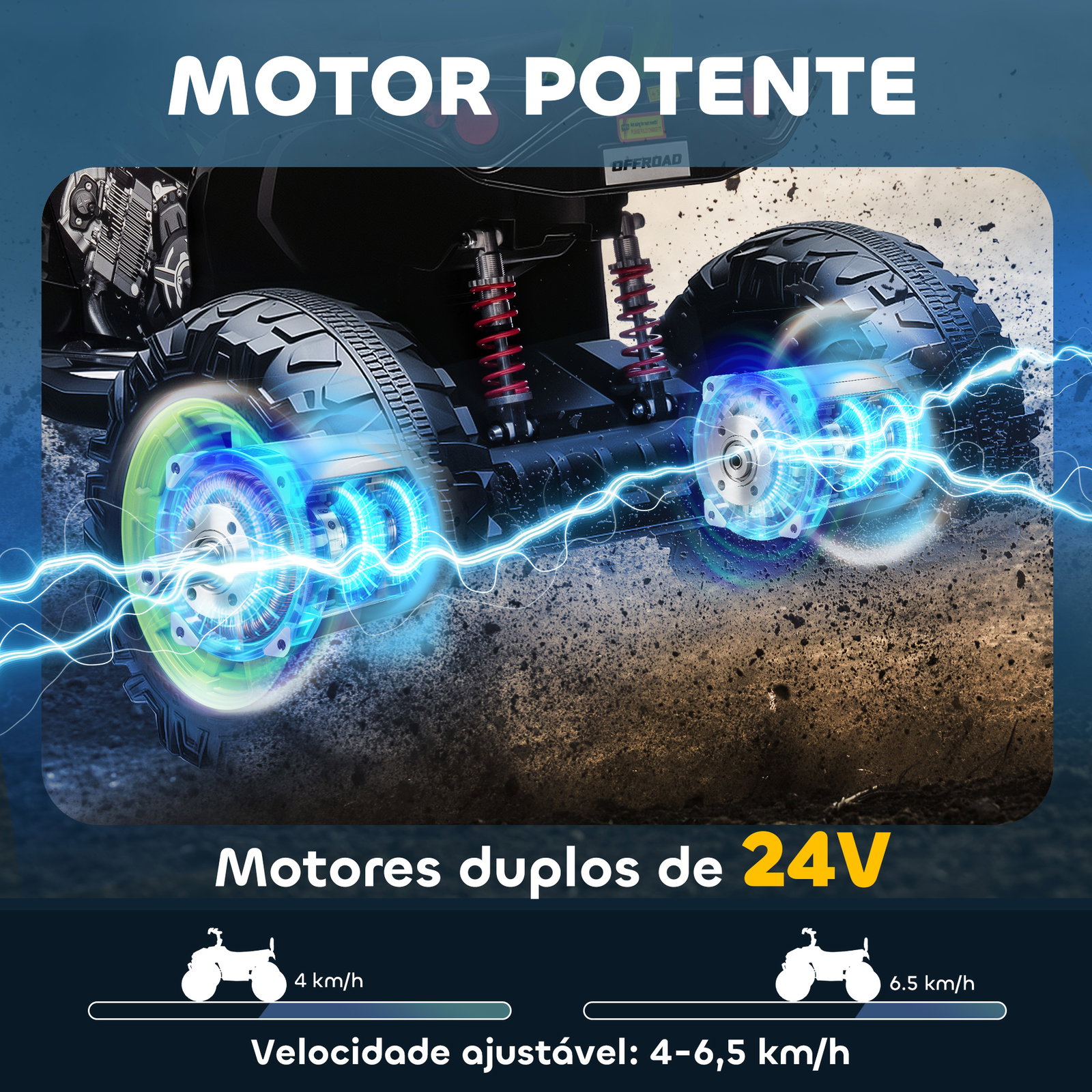 Quadricilo elétrico para crianças 24v com 2 lugares 2 motores velocidade até 6,5 km/h faróis buzina música e USB 109x68,5x76 cm verde