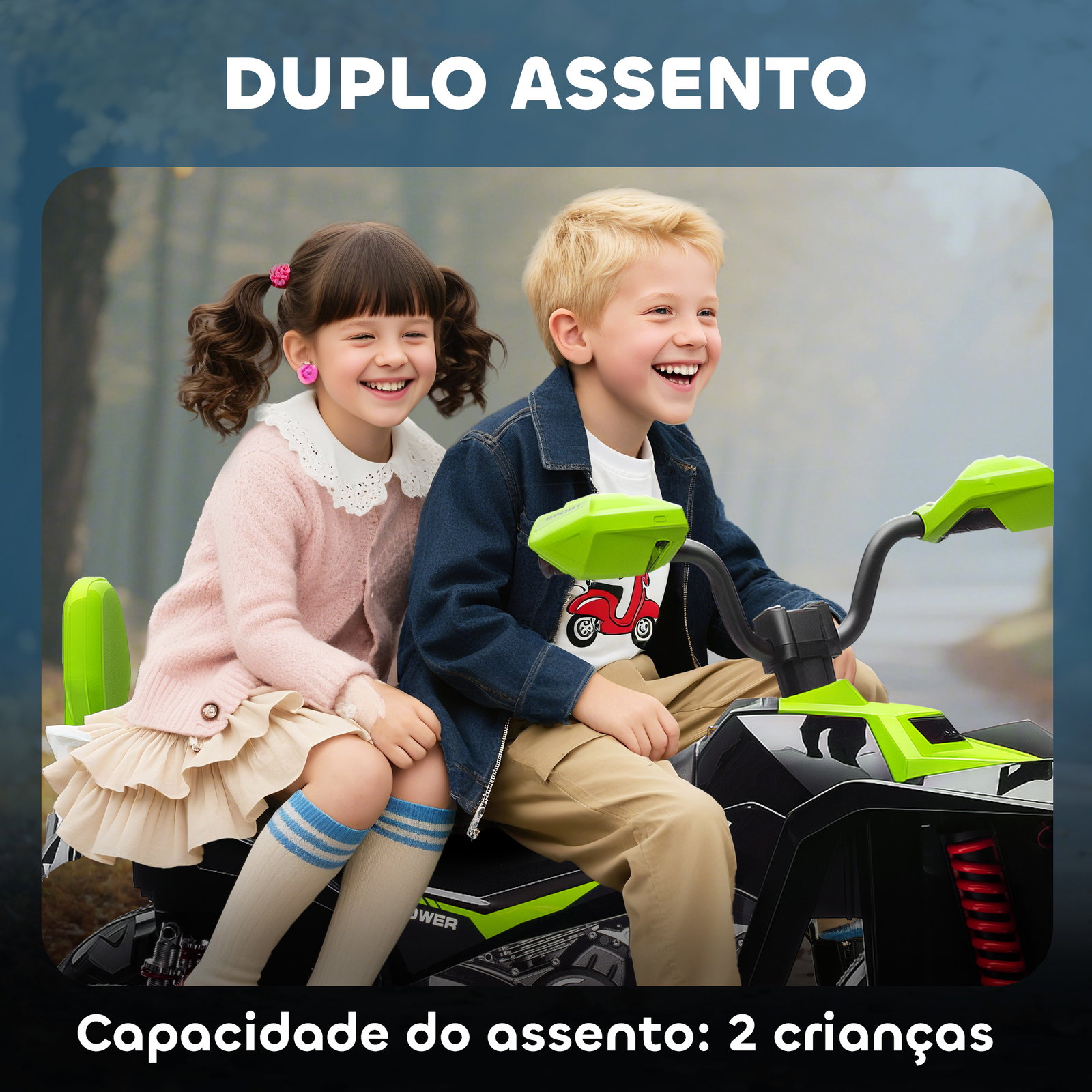 Quadricilo elétrico para crianças 24v com 2 lugares 2 motores velocidade até 6,5 km/h faróis buzina música e USB 109x68,5x76 cm verde