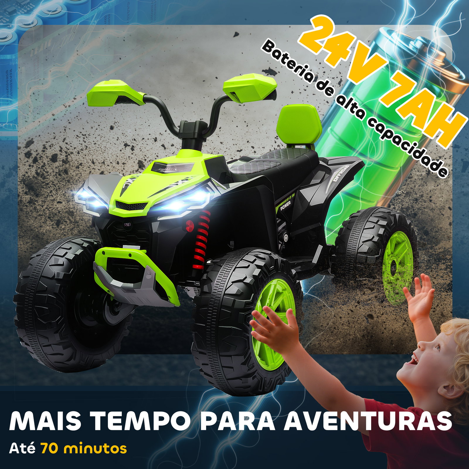 Quadricilo elétrico para crianças 24v com 2 lugares 2 motores velocidade até 6,5 km/h faróis buzina música e USB 109x68,5x76 cm verde