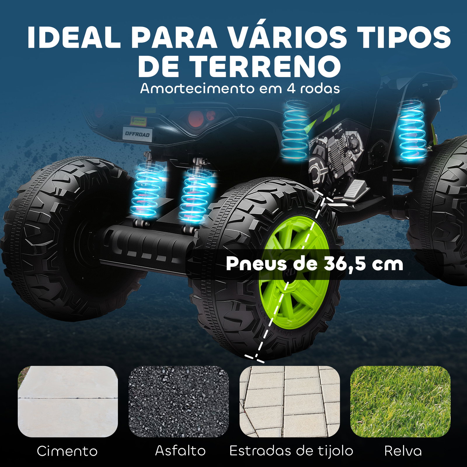 Quadricilo elétrico para crianças 24v com 2 lugares 2 motores velocidade até 6,5 km/h faróis buzina música e USB 109x68,5x76 cm verde