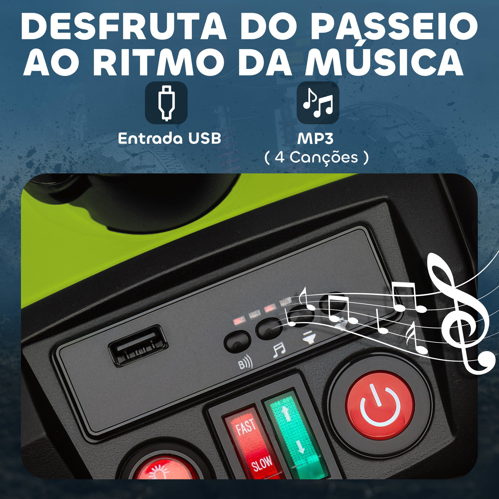 Quadricilo elétrico para crianças 24v com 2 lugares 2 motores velocidade até 6,5 km/h faróis buzina música e USB 109x68,5x76 cm verde