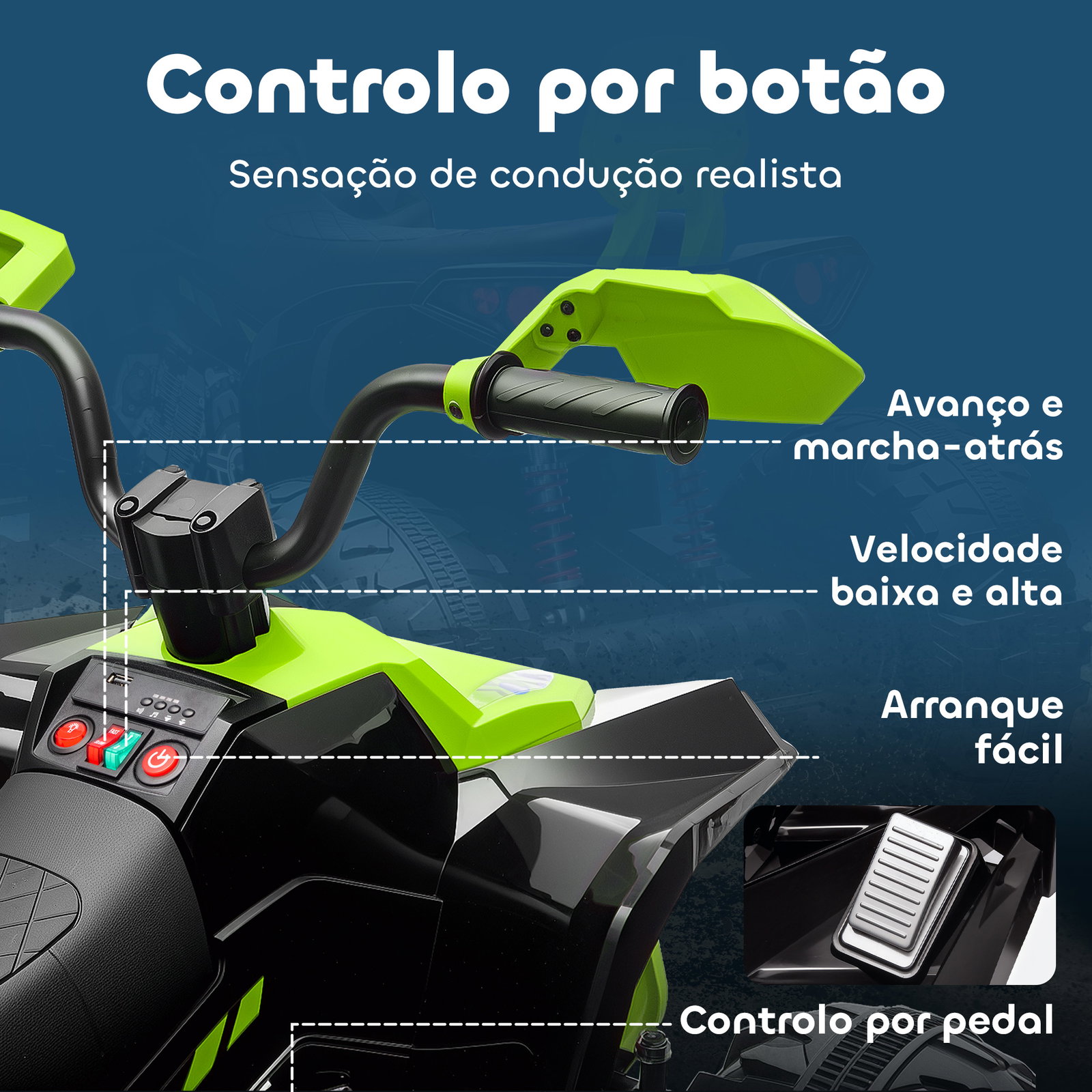 Quadricilo elétrico para crianças 24v com 2 lugares 2 motores velocidade até 6,5 km/h faróis buzina música e USB 109x68,5x76 cm verde