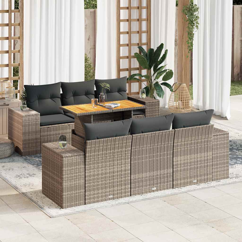 7 Pcs conjunto sofás p/ jardim c/ almofadões vime PE cinzento