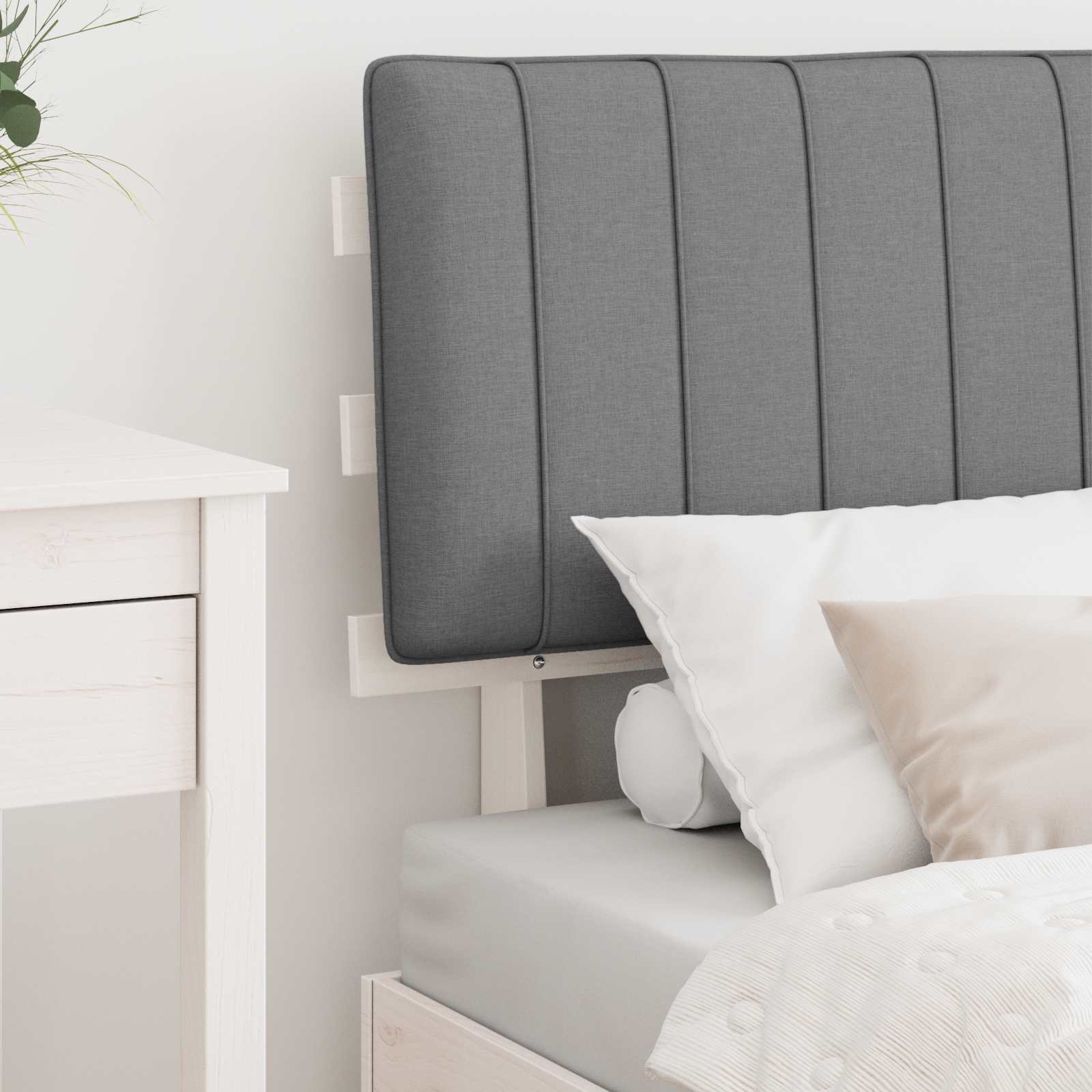 Estrutura de cama com cabeceira estofada cinzento-claro