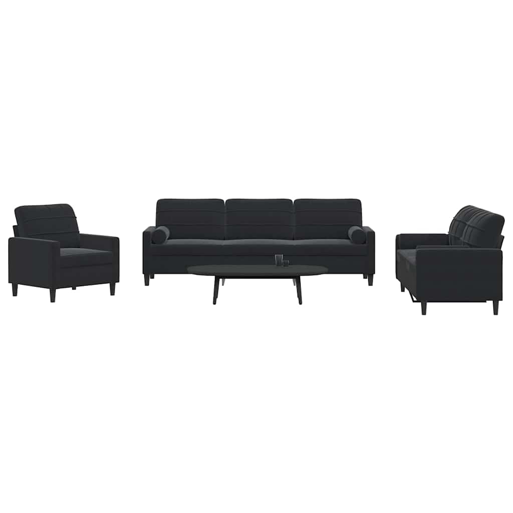 3 Pcs conjunto de sofás com almofadões e rolos veludo preto