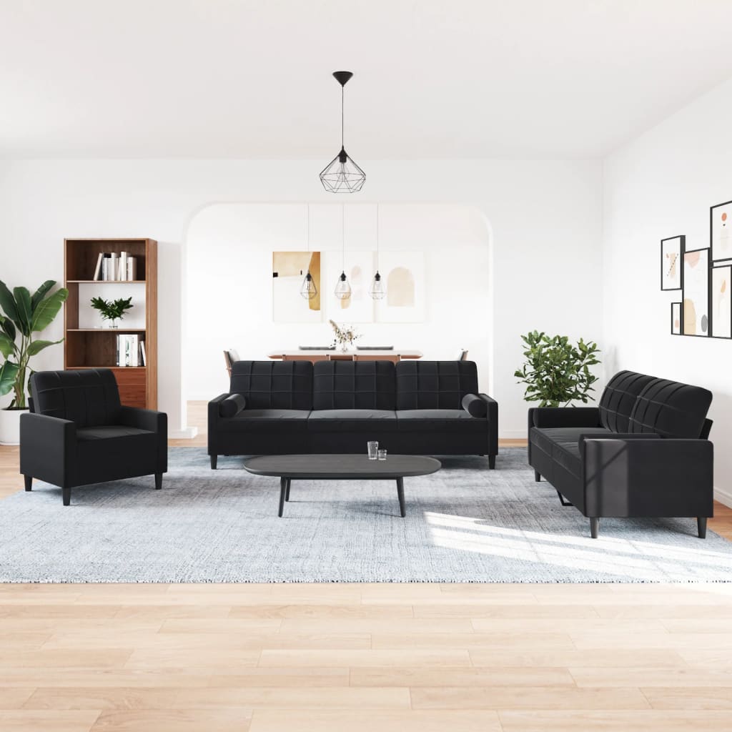 3 Pcs conjunto de sofás com almofadões e rolos veludo preto