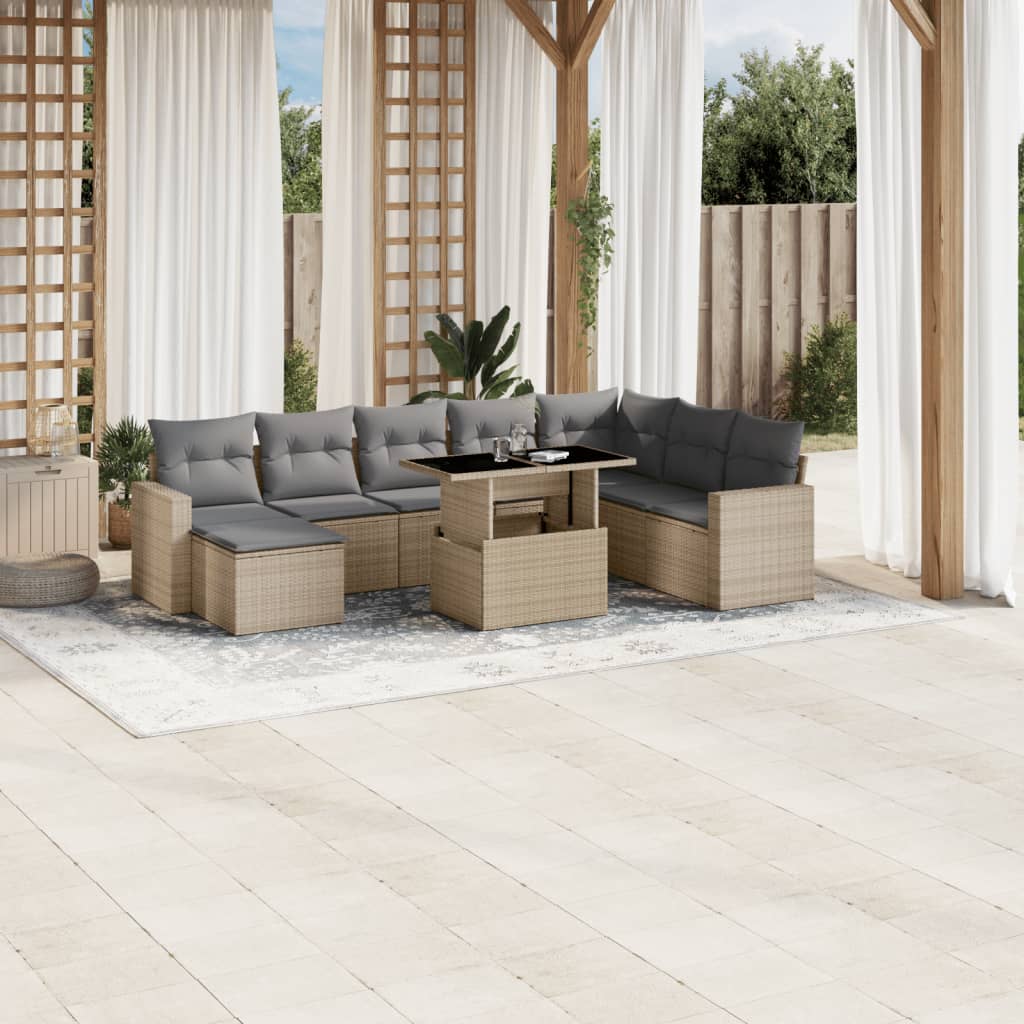 9 Pcs conjunto de sofás p/ jardim com almofadões vime PE bege