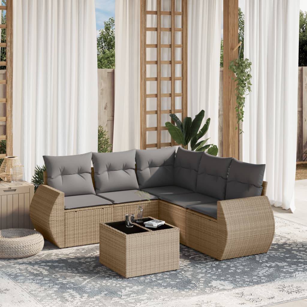 6 Pcs conjunto de sofás p/ jardim com almofadões vime PE bege