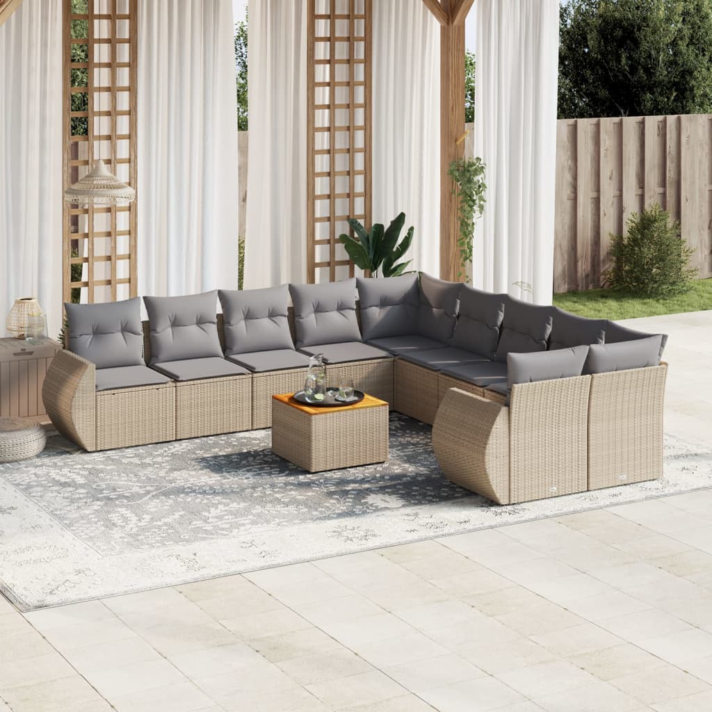 11 Pcs conjunto sofás de jardim c/ almofadões vime PE bege