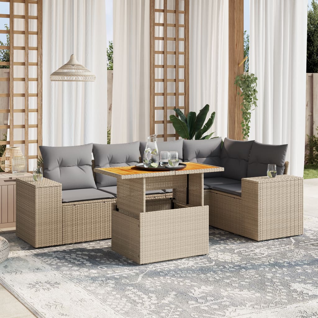 6 Pcs conjunto de sofás p/ jardim com almofadões vime PE bege