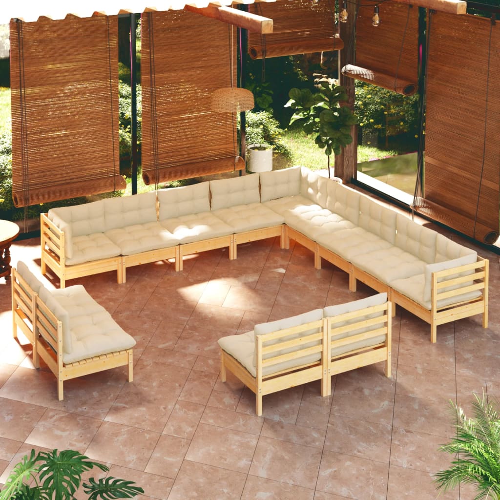 13 Pcs conjunto lounge jardim c/ almofadões creme pinho maciço