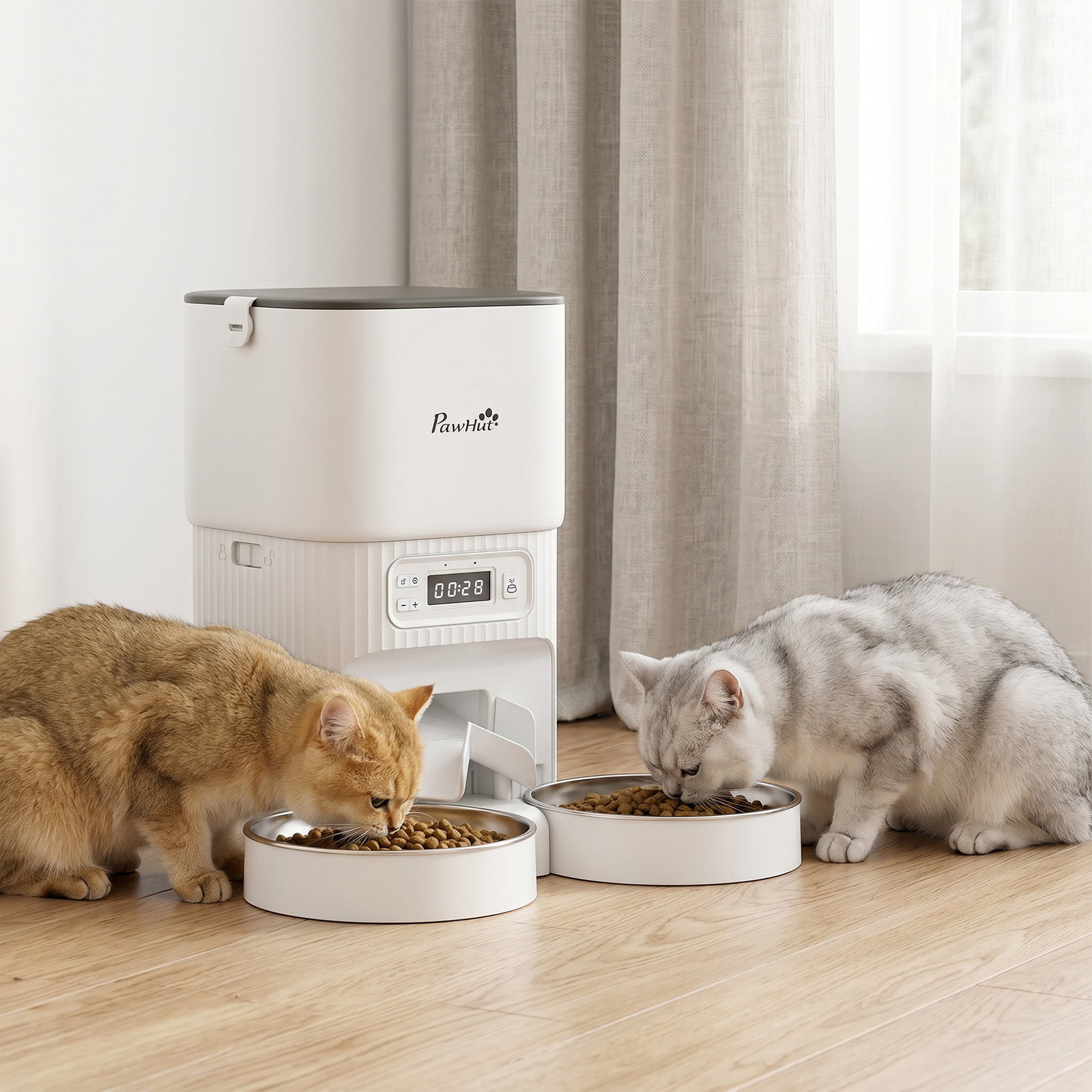 Alimentador automático para gatos/cães 4l com 2 tigelas, dispensador de ração 1-6 refeições por dia e dupla alimentação