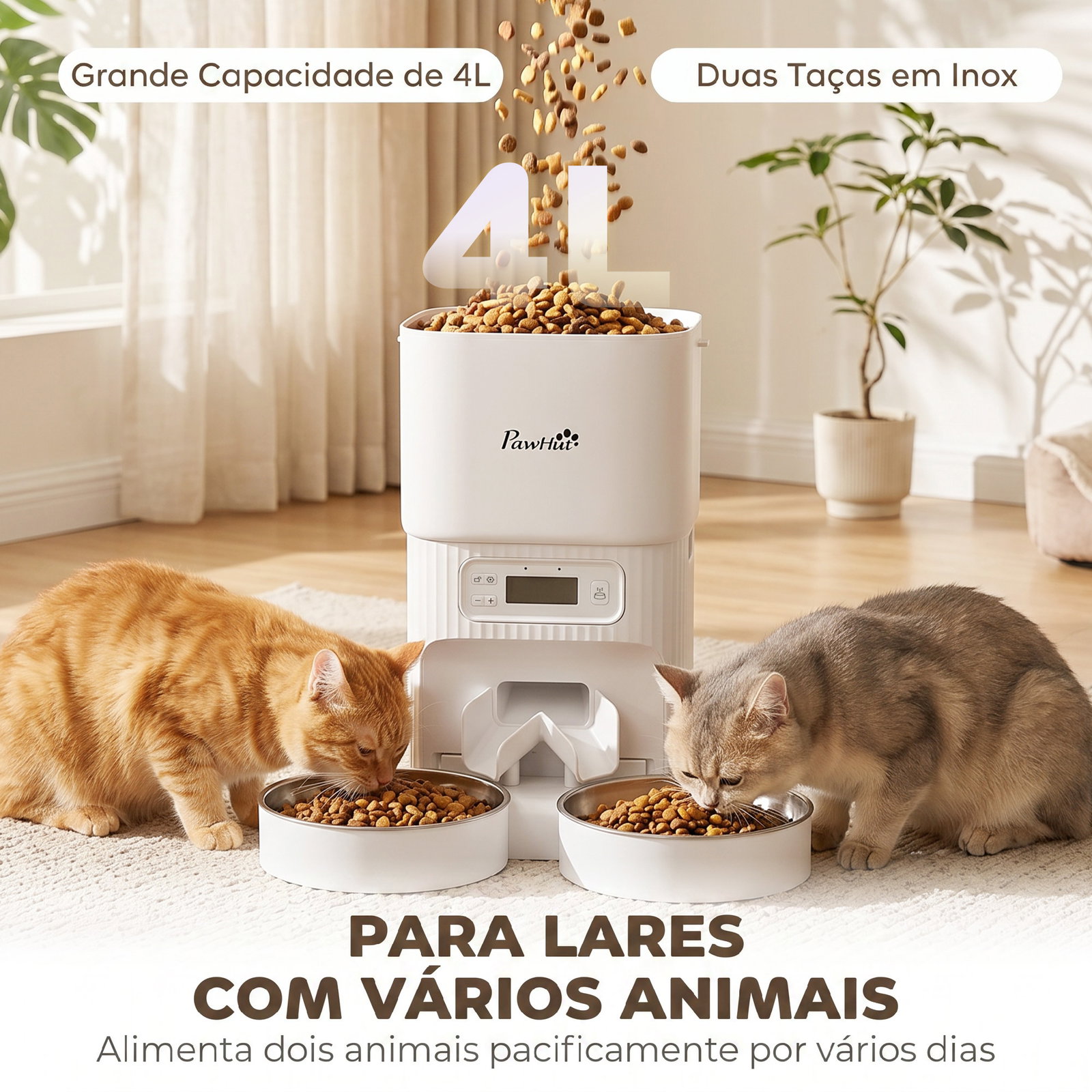 Alimentador automático para gatos/cães 4l com 2 tigelas, dispensador de ração 1-6 refeições por dia e dupla alimentação