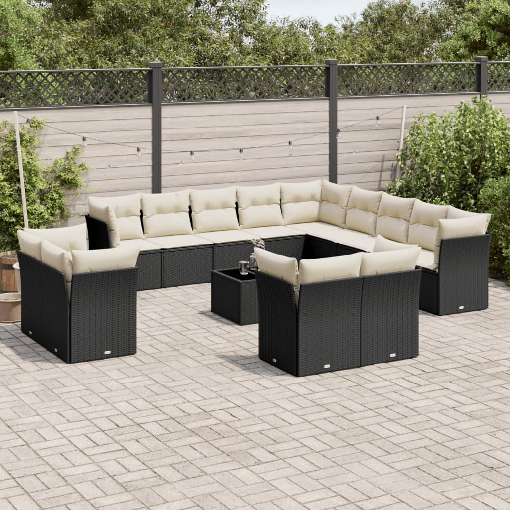 14 Pcs conjunto de sofás p/ jardim c/ almofadões vime PE preto