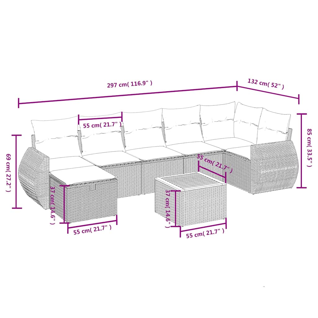 8 Pcs conjunto sofás de jardim com almofadões vime PE preto