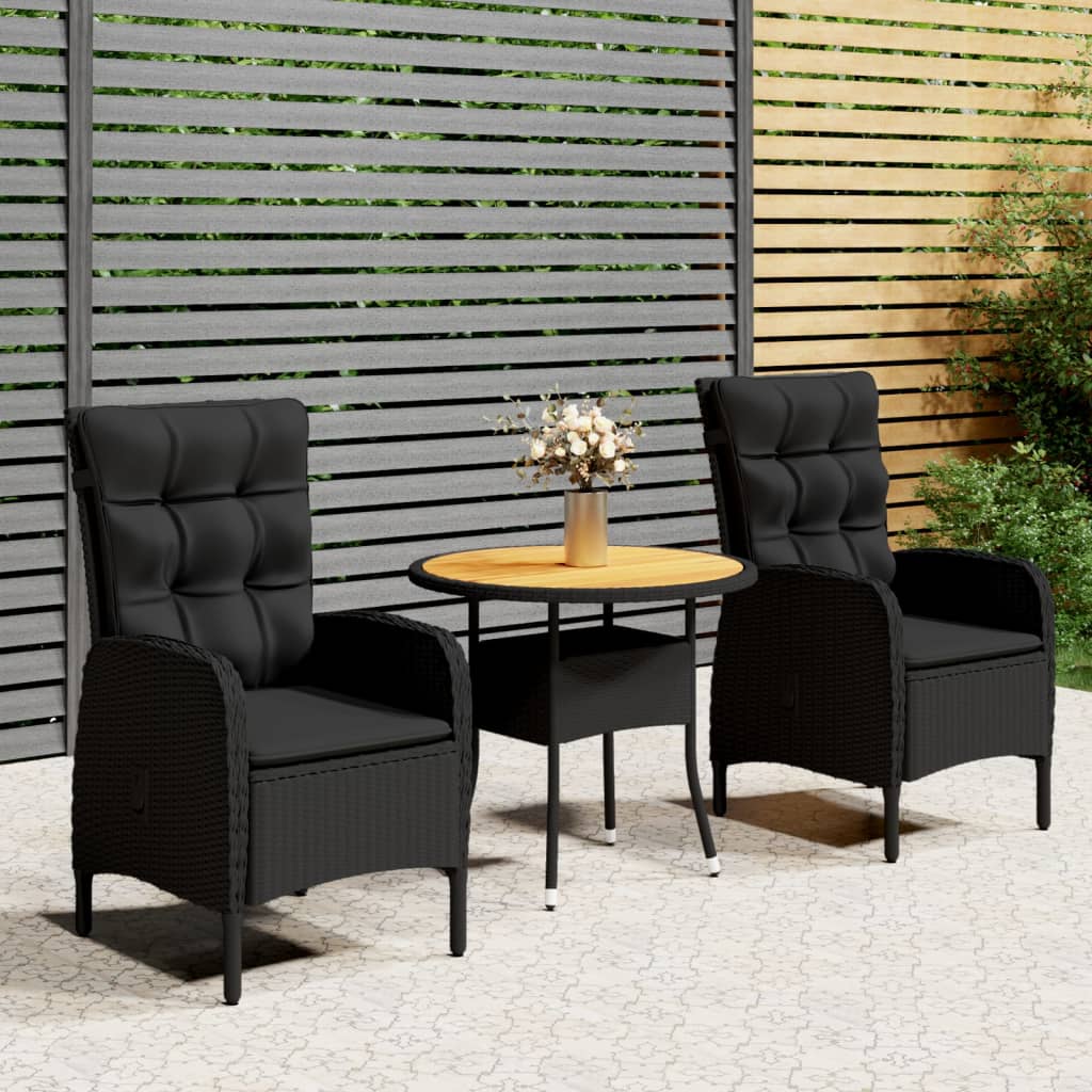 3 Pcs conjunto de bistrô para jardim vime PE preto