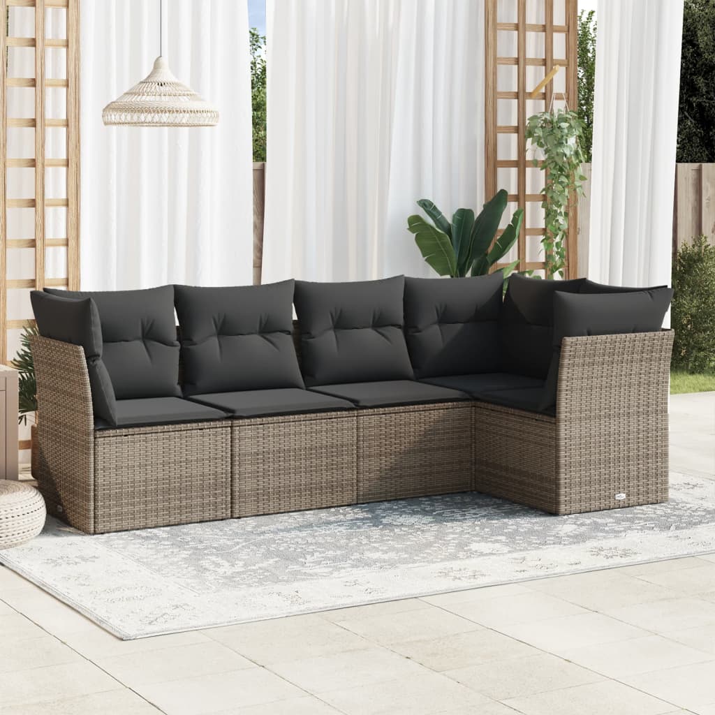 5 Pcs conjunto sofás de jardim c/ almofadões vime PE cinzento