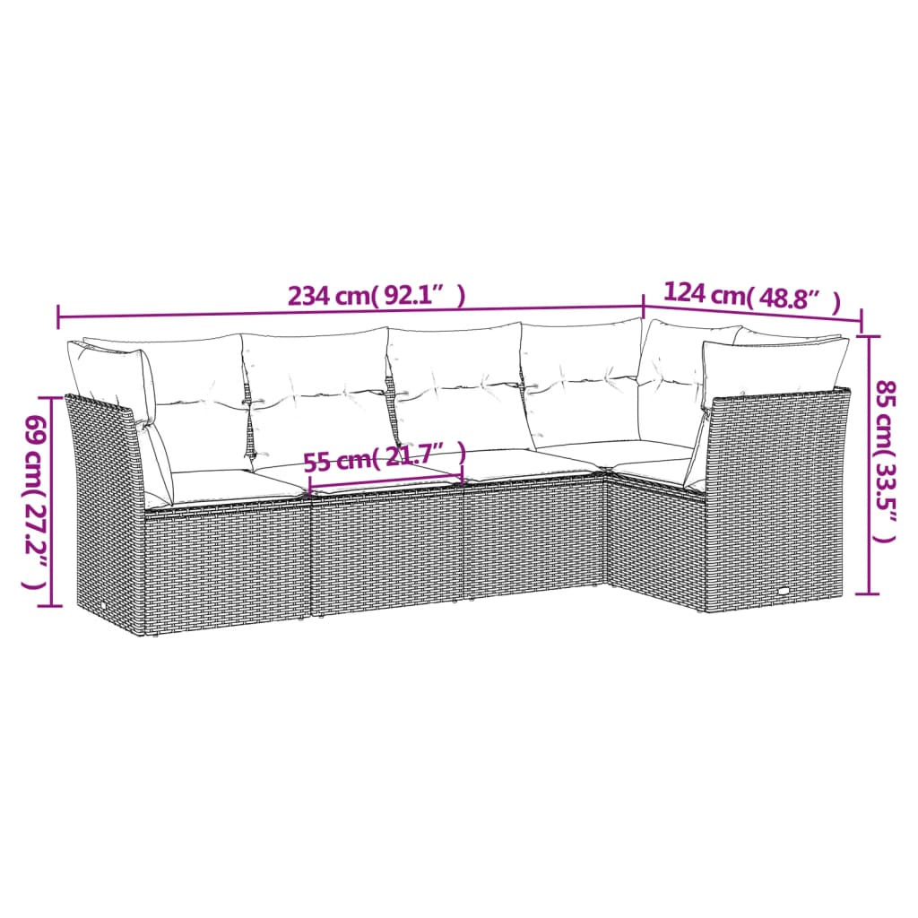 5 Pcs conjunto sofás de jardim c/ almofadões vime PE cinzento