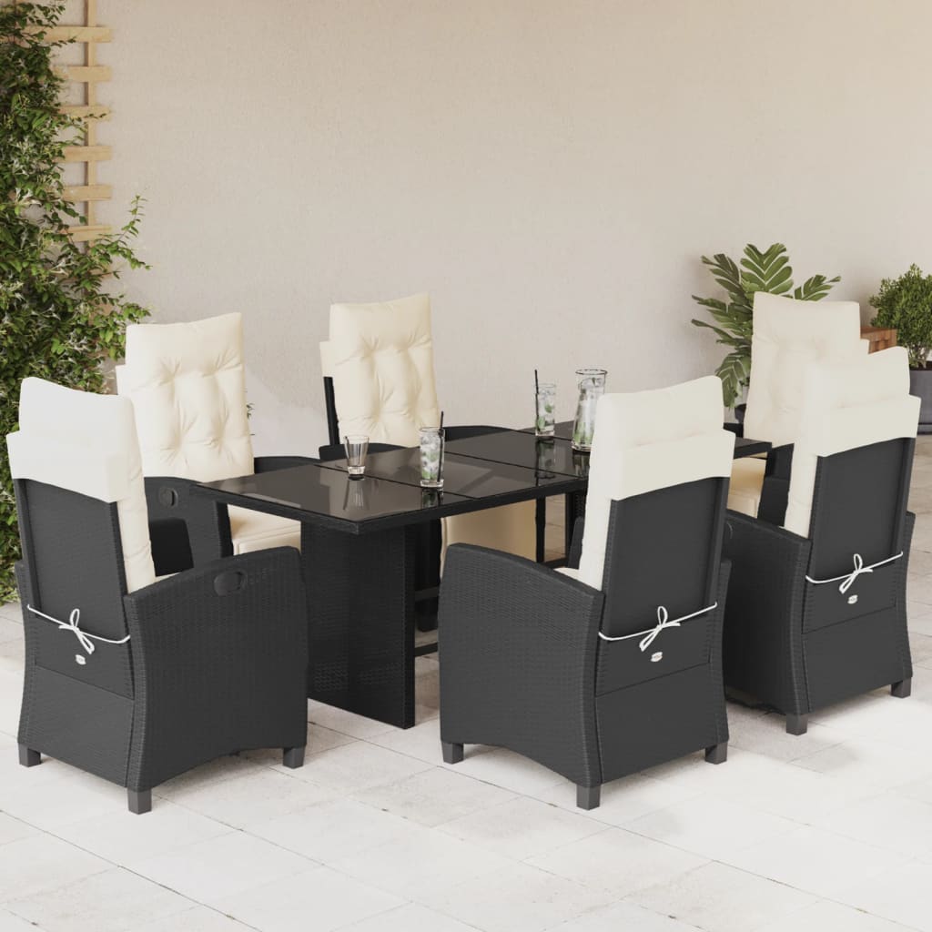7 Pcs conjunto de jantar p/ jardim c/ almofadões vime PE preto