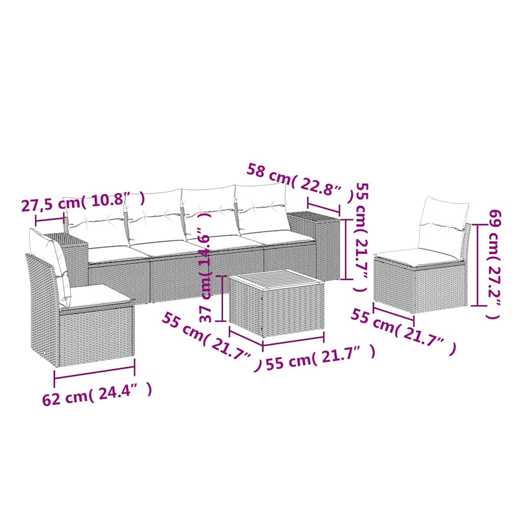 7 Pcs conjunto de sofás p/ jardim c/ almofadões vime PE preto